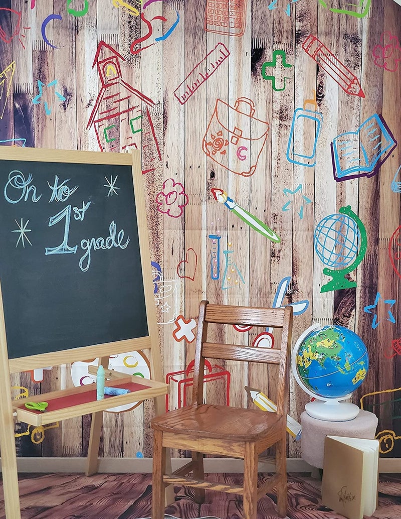 Leowefowa Back to School Backdrop 5x7ft Vinyl Photography Backdrops Hand Painted Pencils House Books on Vintage Retro Stripes Wood Floor Background Baby Kids Children Photo Studio Props - Image 5